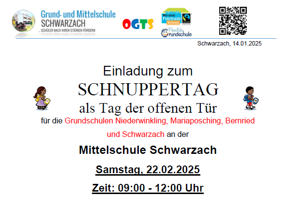 Einladung zum Schnuppertag der Mittelschule Schwarzach